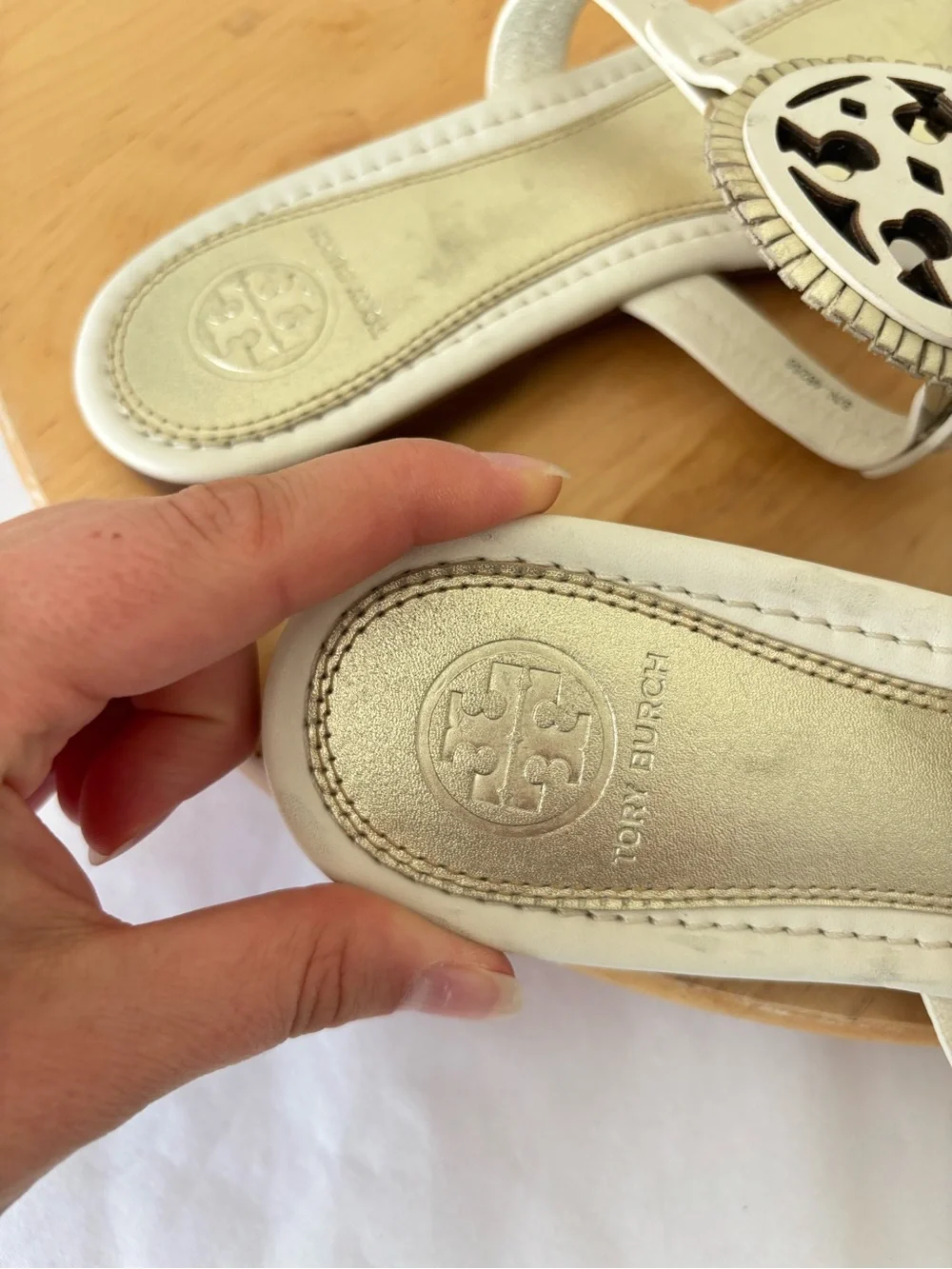 Tory Burch Fringe Miller Sandals in Bleach/Sparkle Gold Women’s Size 8.5